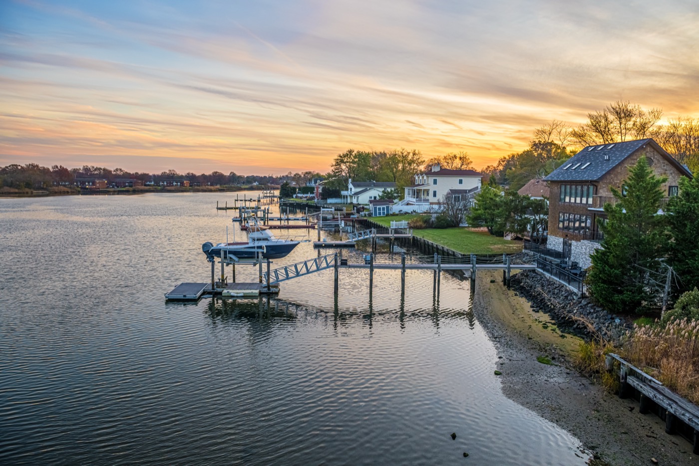 Aerial view of a New Jersey waterfront neighborhood at sunset